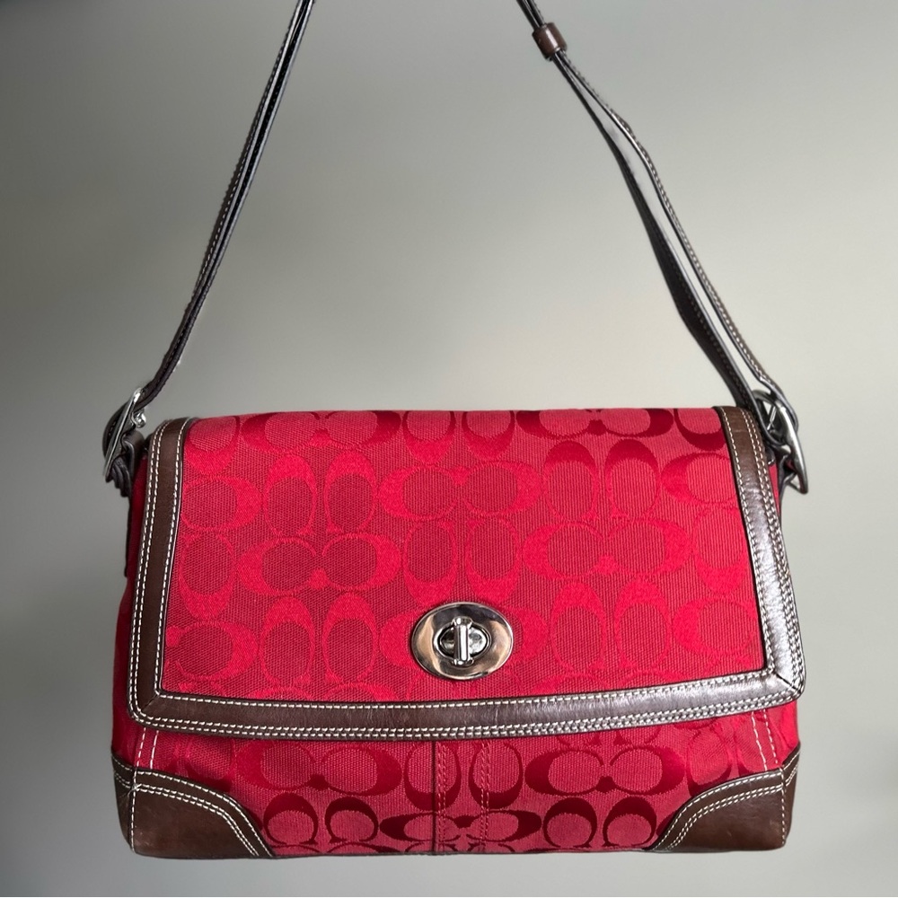 Coach Authentic Red Signature Canvas Shoulder Bag W/ Brown Leather Trim
